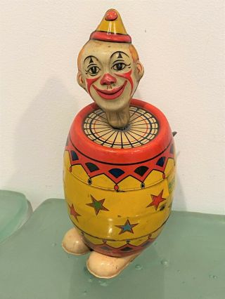 Chein Tin Toy Vtg Wind - Up Clown In Barrel Walker 1930s Great,  See Video