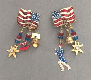 Vintage Lunch At The Ritz Enamel Crystal Dangle American Flag Clip On Earrings