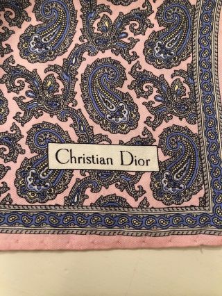 Christian Dior Vintage Silk Scarf Handkerchief Made In Italy 18x18 Pink Paisley