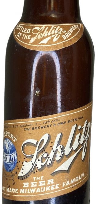 Vintage Pre - Pro 1910 Schlitz Beer Bottle W/ Paper Label And Neck Milwaukee Wi