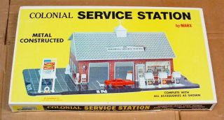 1960s Marx Tin Litho Service Colonial Gas Station Set In The Box
