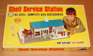 1960s Tin Litho Marx Service Shell Oil Gas Station Set In The Box