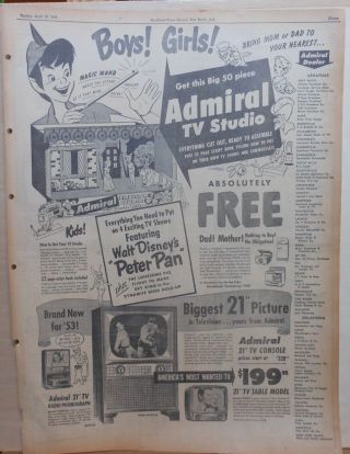 1953 Full Page Newspaper Ad For Admiral Tv - Disney Peter Pan Tv Studio Giveaway