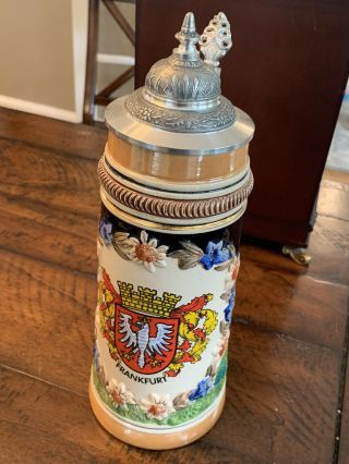 Vintage Large Frankfurt German Beer Steins Metal Lid Mug Antique