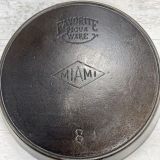 Vintage My Favorite Piqua Ware Miami Logo No.  8 Cast Iron Skillet W/ Heat Ring