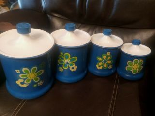 Vintage Retro Metal Floral Blue Canister Set Of 4 195s - 60s Rare Very Cool