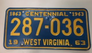 1963 West Virginia Centennial License Plate Wv Tag 287 - 036