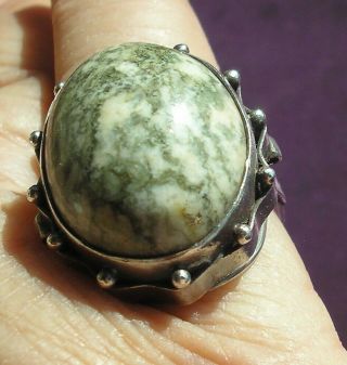 Lovely Vintage Sterling Silver Ring With Large Green/white Agate Polish Size O