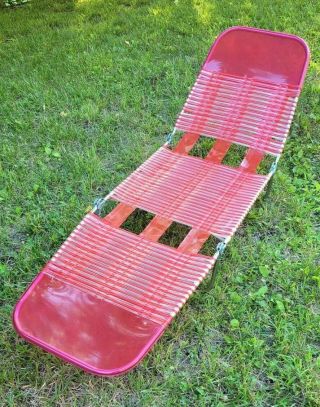 Vtg Red/clear Chaise Lounge Vinyl Plastic Tubing Tri Folding Lawn Chair No Rust