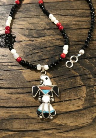 Men’s Vintage Zuni Eagle Inlay Sterling Silver Pendant,  Turquoise 19” Necklace