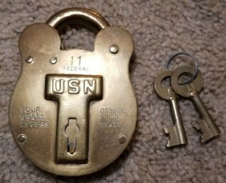 Vintage United States Navy Usn 11 Brass Padlock W.  Dell & Sons Federal 2 Keys