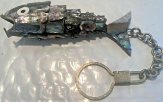 Vintage Taxco Abalone Shell Fish Bottle Opener & Key Chain Articulated 4 " Mexico