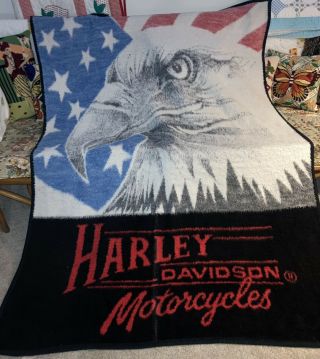 Large Vintage Biederlack Harley Davidson Blanket Reversible Throw Plush Eagle