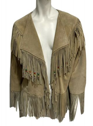 Vintage Pioneer Wear Tan Leather Fringe Western Jacket Women 