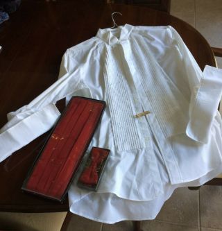 Christian Dior Vintage White Tuxedo Shirt,  Red Silk Cummerbund And Tie