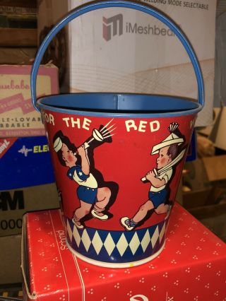 T Cohn 1940s Tin Litho Sand Pail Patriotic Cheers To The Red White Blue Nos Nm,