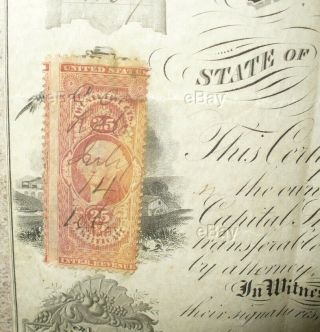 Antique Central Ohio Railroad Stock Certificate 1868 Revenue Stamp Railway Train