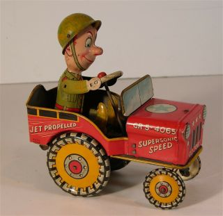 1940s Gi Joe Jouncing Jeep Tin Litho Wind Up Crazy Car Toy By Unique Art