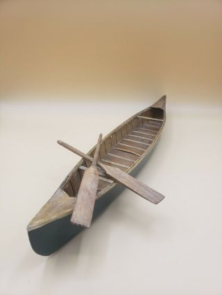 Vintage Toy Or Miniature Wood Canoe With 2 Paddles 15.  5 " Long Dark Green