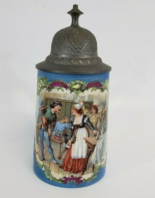 Antique Victoria Austria Porcelain Beer Stein Lidded Mug Tankard Tavern Scene Bl