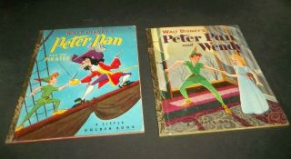 2 Vtg Walt Disney Peter Pan Books - Little Golden Books Both " A " First Print