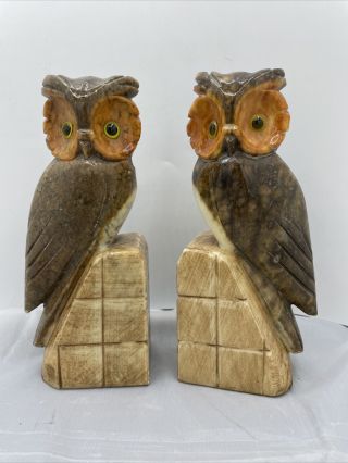 Pair Vintage Alabaster Bookends Hand Carved Italy Owl Bird Italy Classic Office