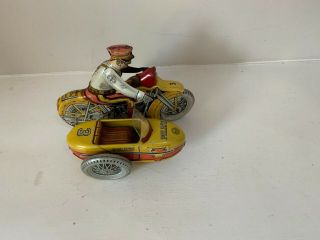 Vintage Marx Tin Litho Motorcycle 3 Police Officer With Sidecar
