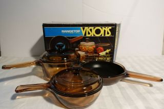 Vintage Corning Visions Rangetop Cookware Amber 5 Piece Starter Set V - 168