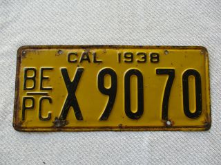 1938 California " Be/pc " License Plate,  X 90 70