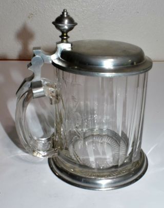Theresienthal Faceted Glass Beer Stein G.  Th.  M.  Pewter Lid - Vintage