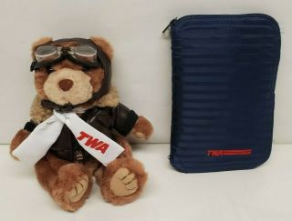 Vintage Twa Pilot Bear W/ Goggles & Navy Folding Zipper Nylon Tote Bag