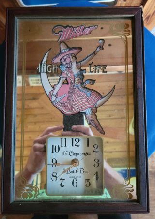 Vintage Miller High Life Girl On Moon Clock Mirror