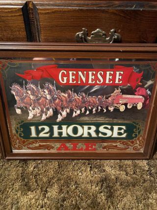 Vintage Genesee Beer 12 Horse Ale Bar Beer Framed Mirror With Clydesdales Wagon