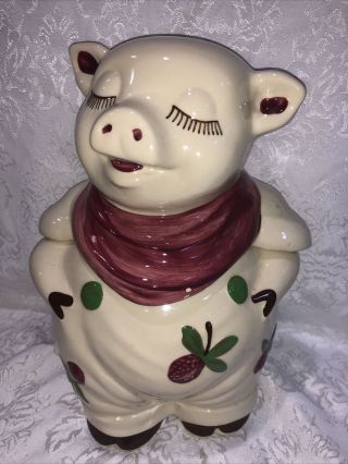 Vintage Shawnee Pottery Smiley Pig W/ Scarf Cookie Jar Strawberries Raspberries