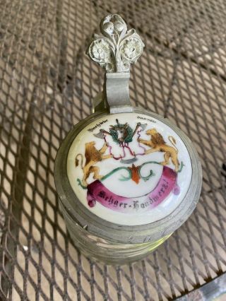 Vintage German Crystal Swirl Beer Stein Pewter Porcelain Painted Lid Lions Crest