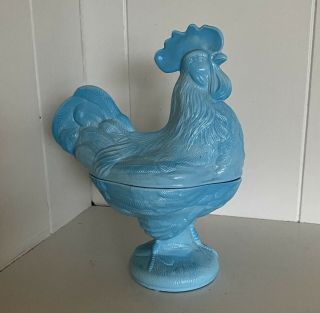 Vintage Heisey Blue Slag Glass Standing Rooster Covered Candy Dish
