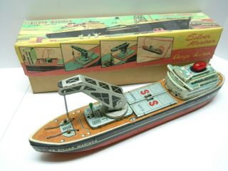 1960 Tin Battery Op.  Japan Bandai Silver Mariner Cargo Ship & Box.  A,  &.