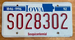 Iowa 1992 Sesquicentennial License Plate S028302