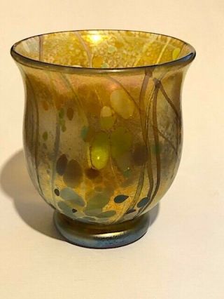 Vintage Loetz Style Yellow Irridescent Art Glass Small Vase.  Fabulous.