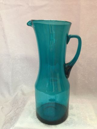 Vintage Empoli Large Turquoise Blue Glass Pitcher Art Glass