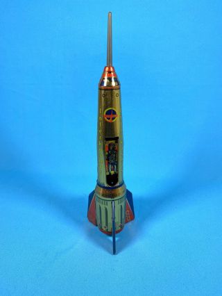 1960s Gold Tin Friction 15.  5” Tall Intercosmos Space Rocket Holdraketa
