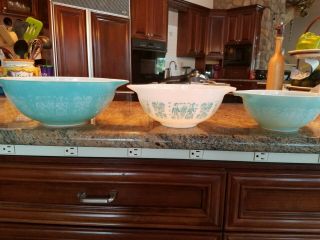 3 Vintage Pyrex Butterprint Turquoise Cinderella Mixing Bowls 444 443 442