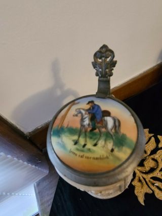 Antique German Stoneware Stein Porcelain Painted Man On Horse Insert On Top 1l