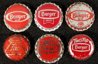 6 Burger Beer Red Plastic Lined Bottle Cap Cincinnati,  Ohio Crowns Vintage Akron
