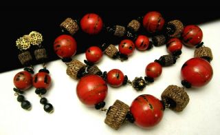 Rare Vintage Signed Miriam Haskell Red Asian Print Necklace & Earring Set A57