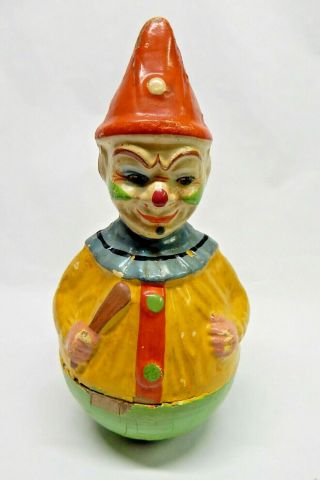 Antique Paper Mache Roly Poly Toy Clown Likely Schoenhut German 10 Inches Tall