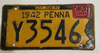 1942 Penna Pa Blue Yellow Steel Embossed Auto License Plate Tag 43 Tab Rare