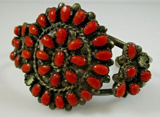 Native American Coral Cuff Bracelet Vintage Sterling Hand Signed 33.  1 Grams
