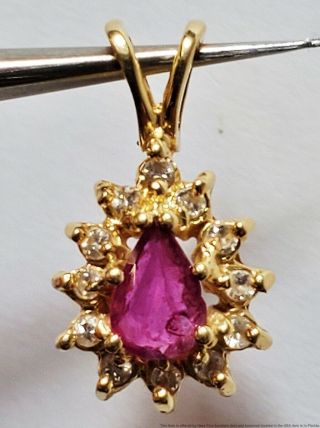 Vintage Solid 14k Yellow Gold Pear - Cut 0.  21ct Ruby And 0.  036ctw Diamond Pendant