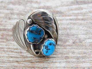 Vintage Old Pawn Navajo Cast Sterling Silver Double Bisbee Turquoise Ring Sz 11